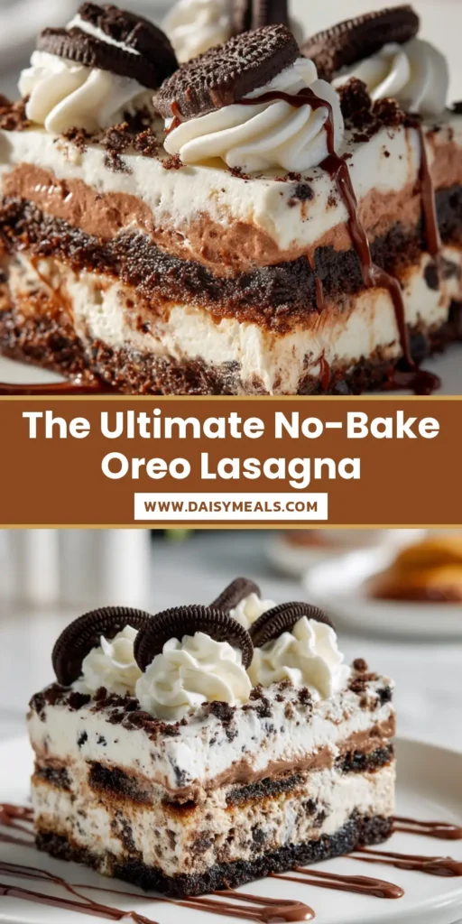 A perfect, clean-cut slice of 5-layer Oreo Lasagna Recipe with crumbly crust, creamy layers, and chocolate drizzle on a white plate.