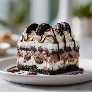 Side view showing the distinct layers of the Oreo Lasagna Recipe, including cookie chunks, milk chocolate pudding, and piped whipped cream.