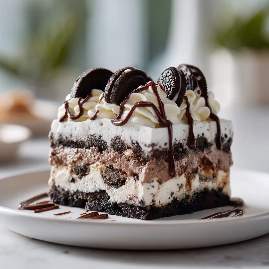 Side view showing the distinct layers of the Oreo Lasagna Recipe, including cookie chunks, milk chocolate pudding, and piped whipped cream.