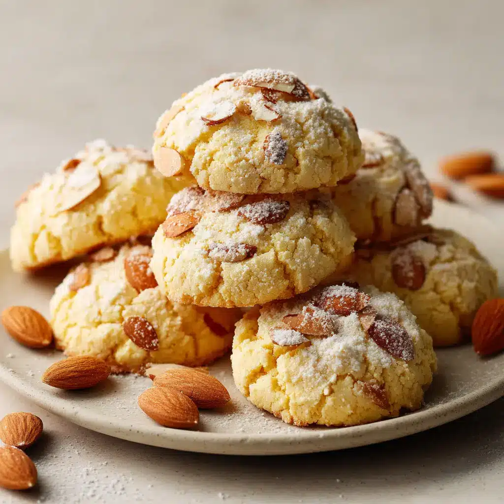 Close up of golden-yellow Italian Almond Ricotta Cookies showing their crinkly textured surface and whole almond garnish.