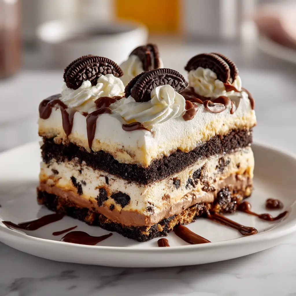 Close-up of the Oreo Lasagna Recipe garnishes, featuring mini Oreos nestled in whipped cream swirls with a delicate chocolate drizzle.