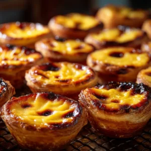 A tight arrangement of freshly baked Portuguese custard tarts with vibrant colors and soft, inviting lighting.