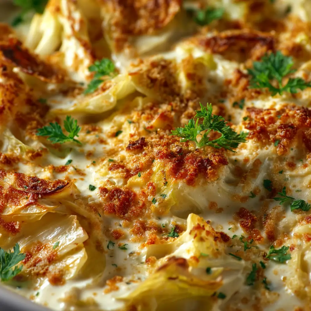 Tender, chunky pieces of cabbage perfectly enveloped in a thick, creamy white cheese sauce with fresh parsley garnish. (Cabbage Casserole Recipe)