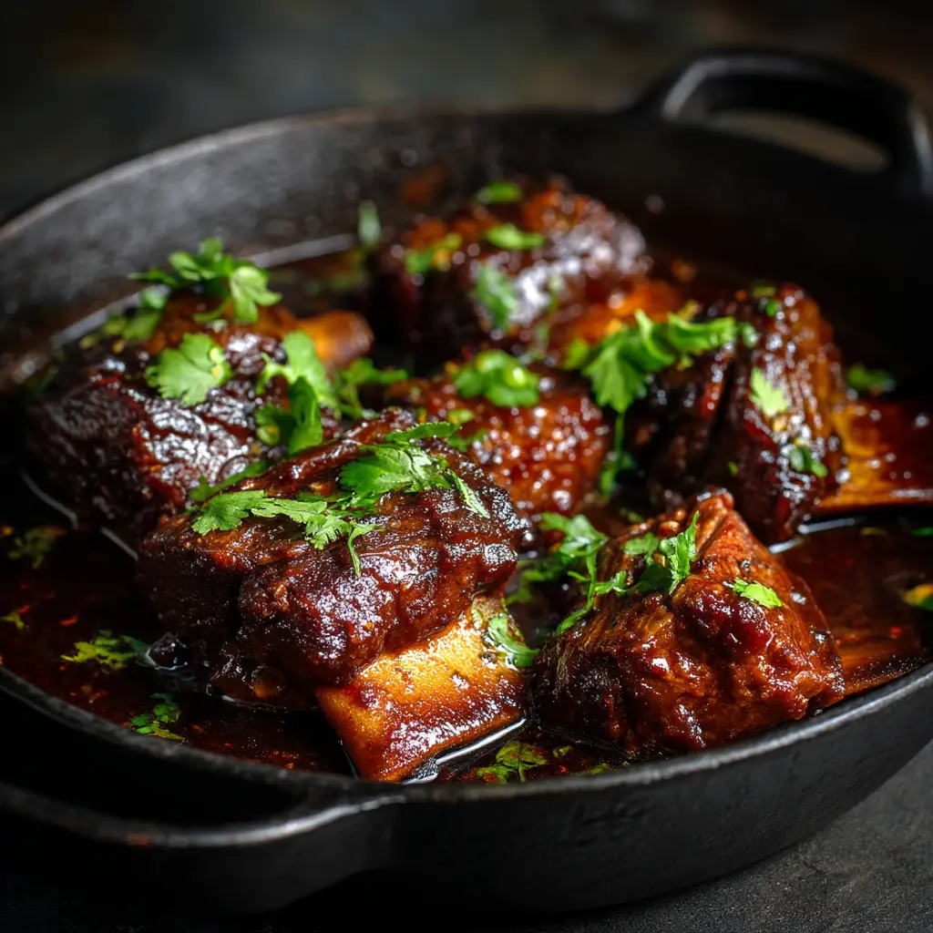 Close up of raw bone-in beef short ribs alongside fresh ginger, garlic, soy sauce, and fresh green cilantro on a dark textured surface.