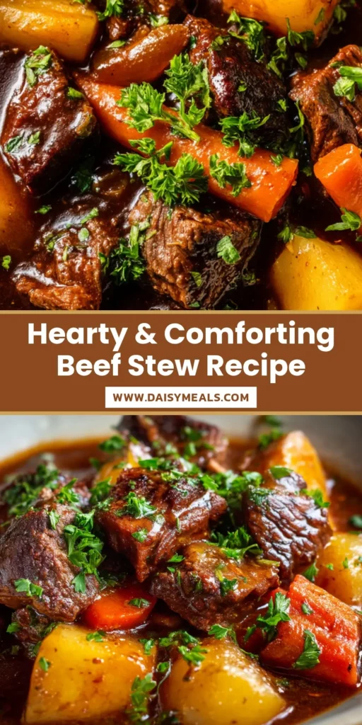 Ultimate Classic Beef Stew Recipe: Rich, Glossy, and Hearty 4 An extreme close-up overhead shot of hearty Classic Beef Stew Recipe in a rustic white ceramic bowl, featuring thick broth, tender beef, golden potatoes, and vibrant carrots.