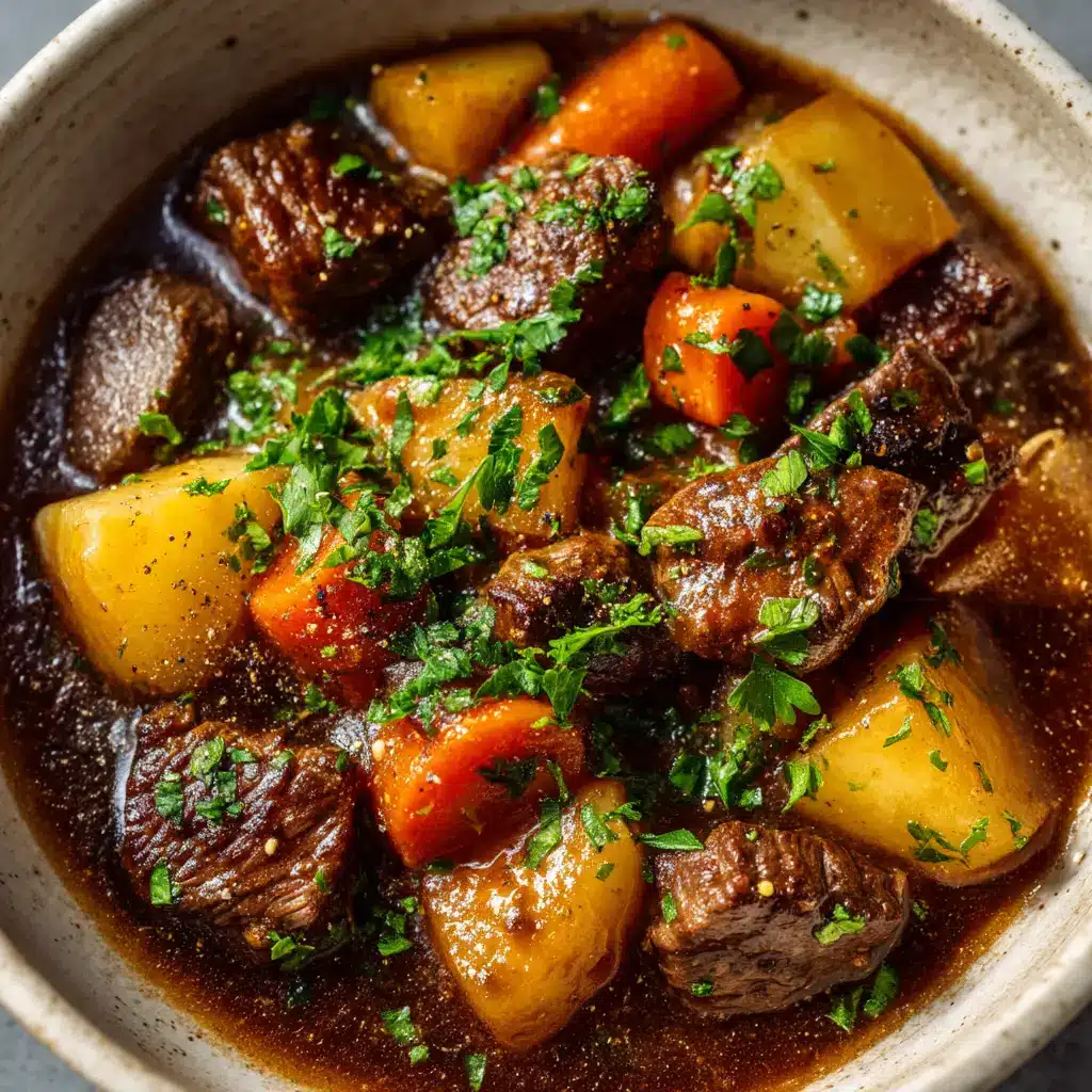 Ultimate Classic Beef Stew Recipe: Rich, Glossy, and Hearty 2 Raw ingredients for a Classic Beef Stew Recipe including chunky beef, golden potatoes, vibrant orange carrots, and fresh green parsley.