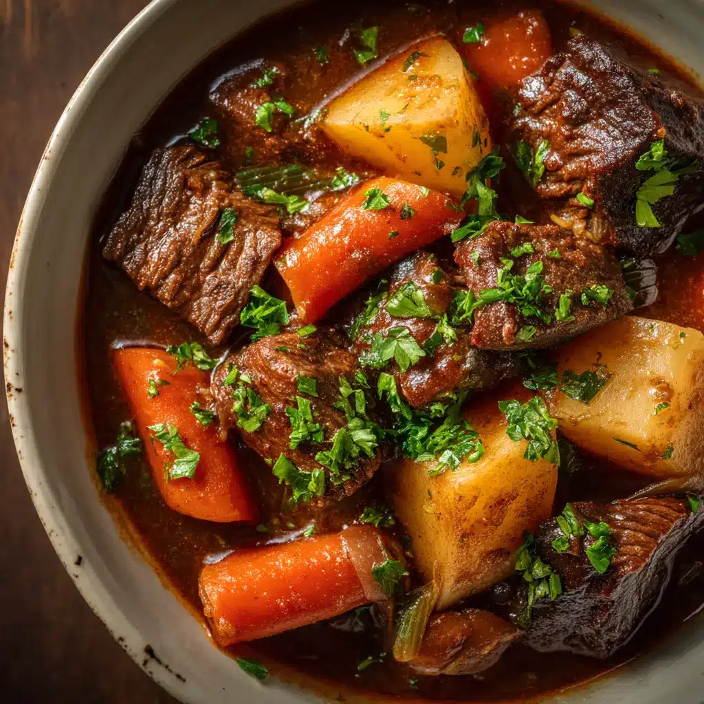 Ultimate Classic Beef Stew Recipe: Rich, Glossy, and Hearty 1 A pot of Classic Beef Stew simmering, showing a thick and glossy deep brown broth with large cubes of potatoes.
