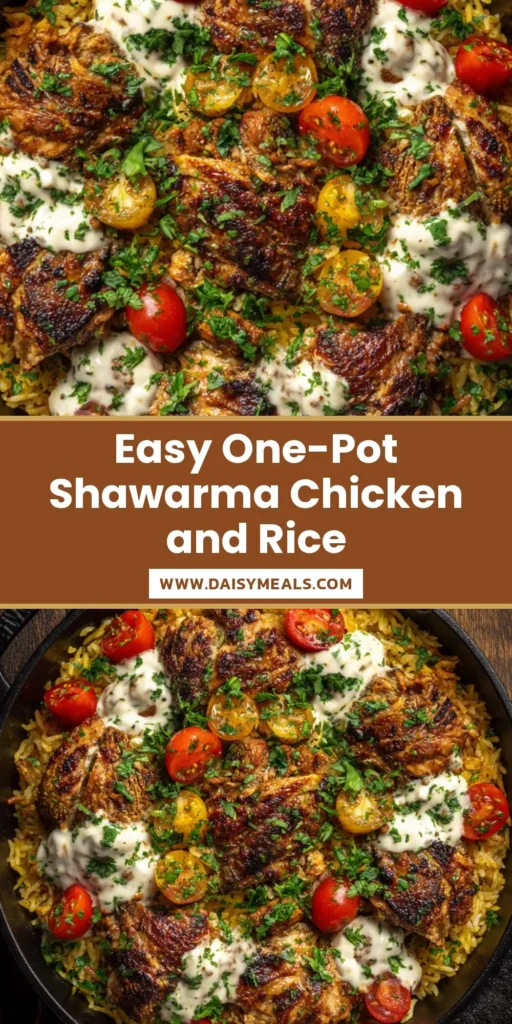 A rustic black cast iron skillet filled with beautifully browned One Pot Chicken Shawarma and savory yellow rice, garnished with cherry tomatoes, parsley, and white garlic sauce.