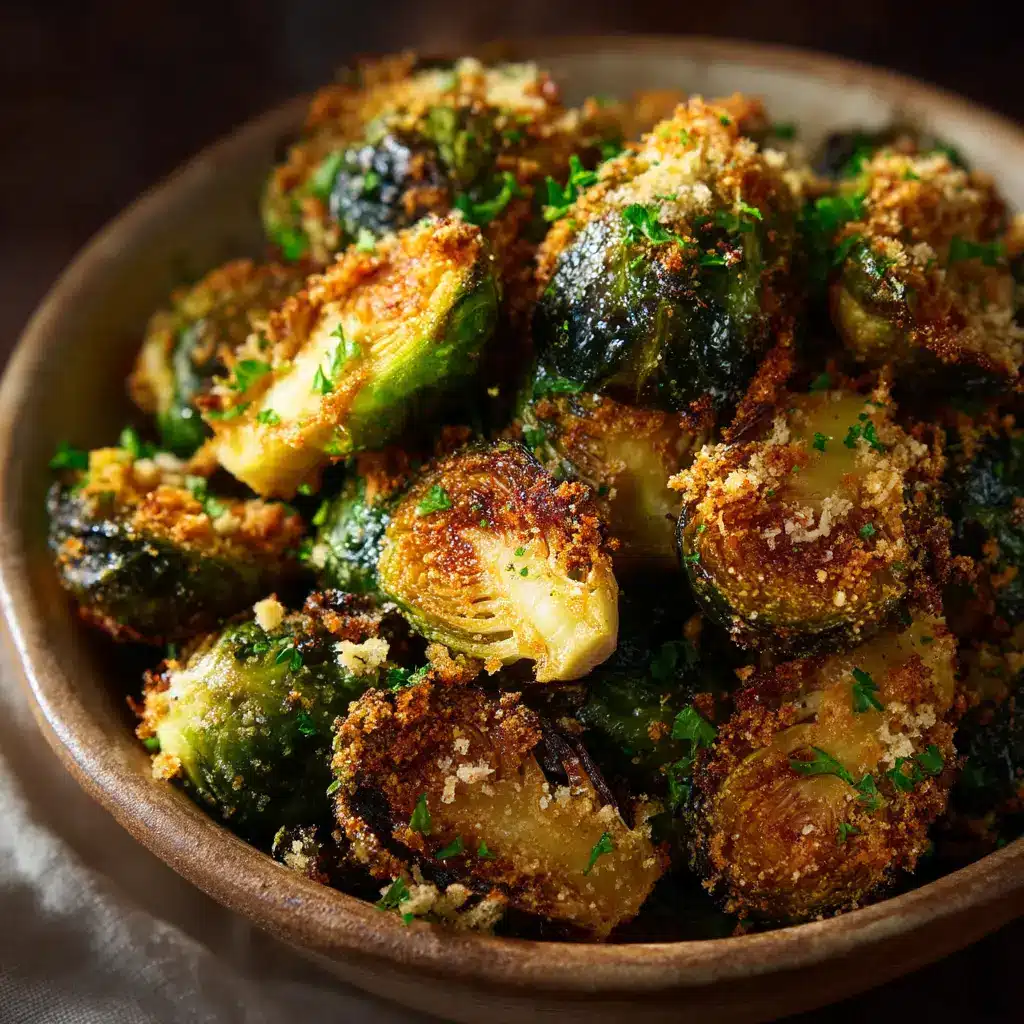 Close-up of golden-brown parmesan and panko encrusted Brussels sprouts with fresh chopped parsley.