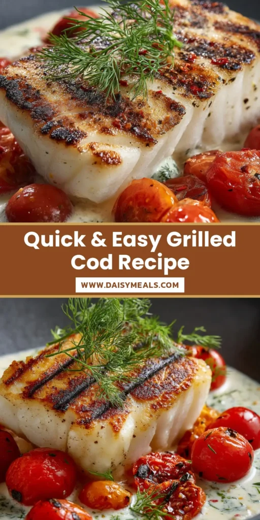 A spectacular Grilled Cod Recipe served in a dark gray bowl with creamy dill sauce and blistered cherry tomatoes.