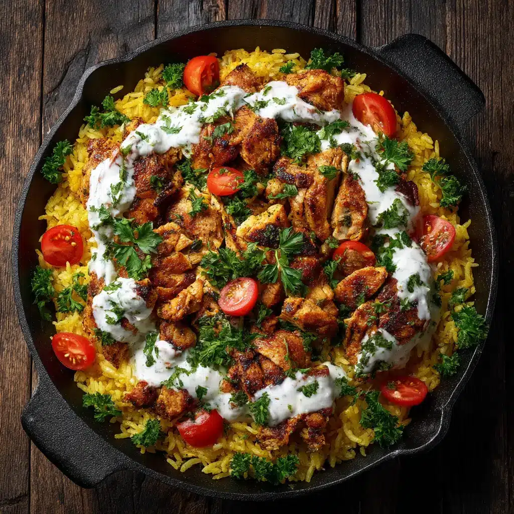 Vibrant yellow rice absorbing chicken broth in a rustic cast iron skillet as part of a One Pot Chicken Shawarma recipe.