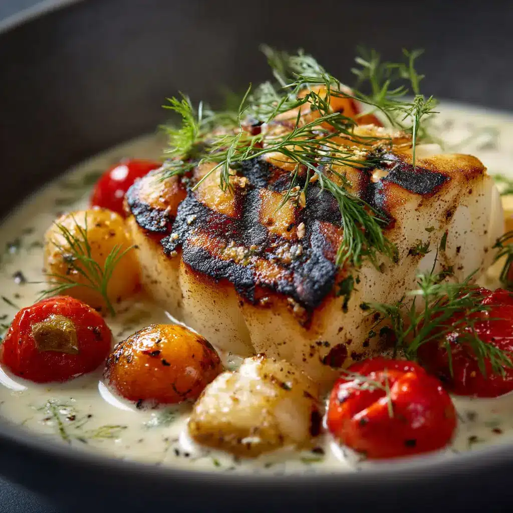 Extreme close-up of a perfectly grilled thick cod fillet resting on blistered tomatoes and a creamy dill sauce. (Grilled Cod Recipe)