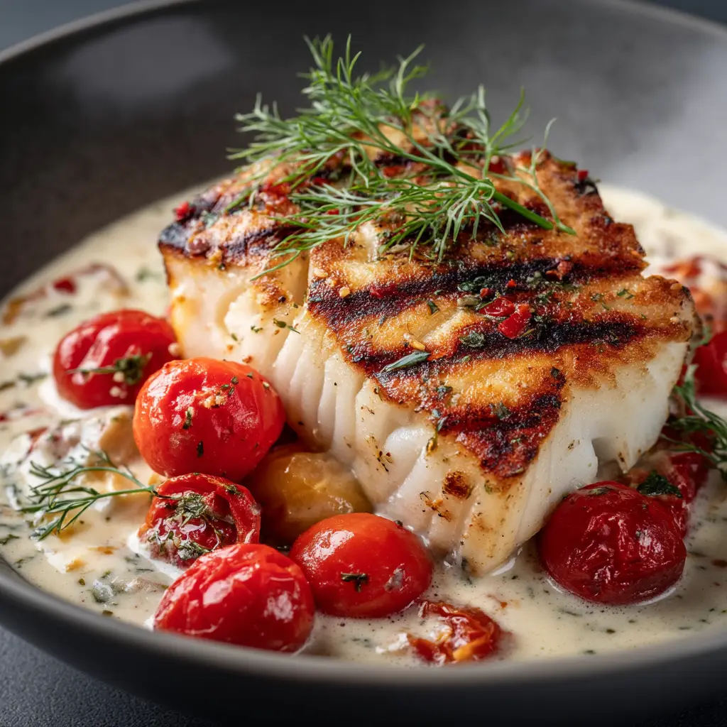 A matte dark gray bowl filled with blistered cherry tomatoes in a creamy white sauce speckled with fresh dill.