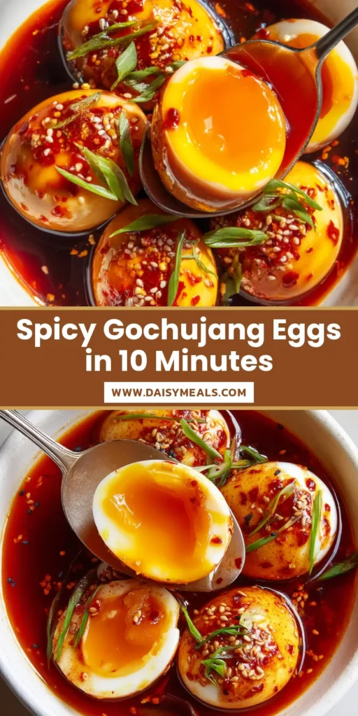 Close-up overhead shot of jammy soft-boiled eggs coated in a glossy red gochujang sauce, garnished with scallions and sesame seeds. (Spicy Gochujang Eggs)