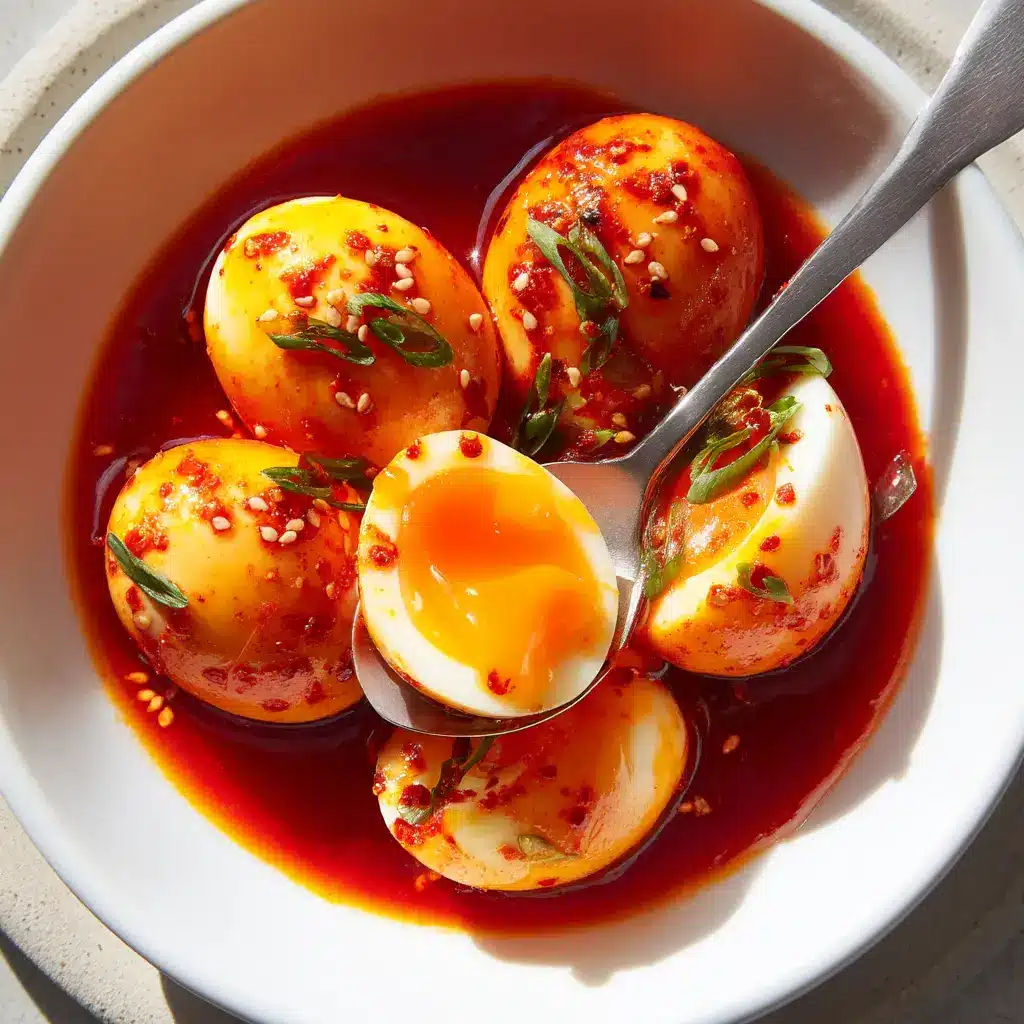 A halved soft-boiled egg showing a runny, deep orange yolk lifted by a metal spoon out of a white ceramic bowl filled with glossy red sauce.