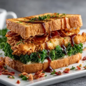 Macro shot of fresh ingredients for a Crispy Chicken Bacon Sandwich, highlighting thick bacon and vibrant green curly kale.
