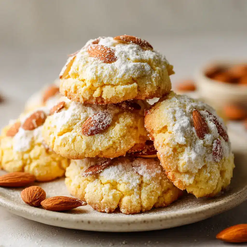 Soft shadows highlighting the powdered sugar and sliced almonds on freshly baked Italian ricotta cookies.