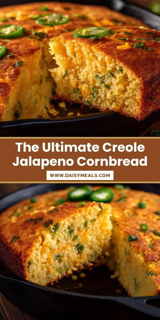 A rustic golden brown Creole cornbread baked in a black cast iron skillet with melted orange cheddar and green jalapenos.