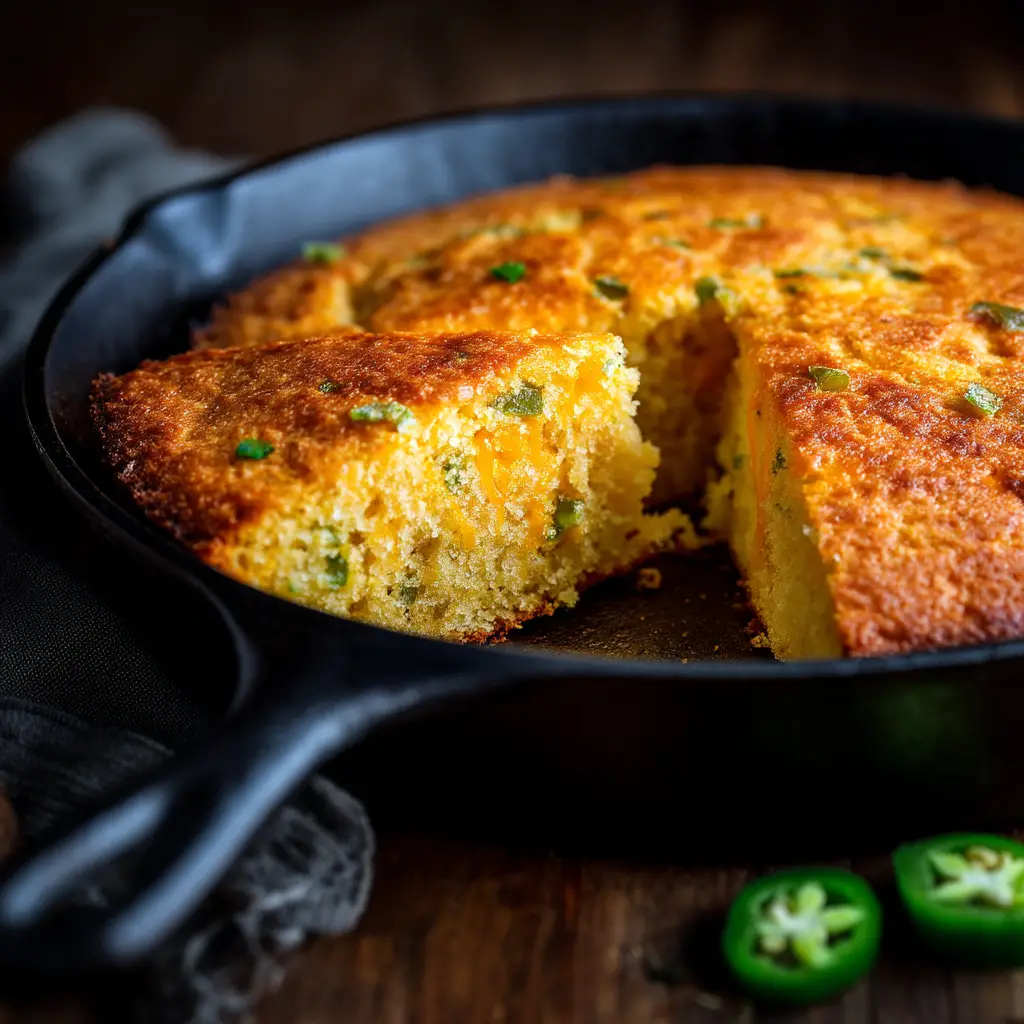 A slice cut out of warm Creole Cornbread revealing a moist, crumbly texture set on a dark wood surface.