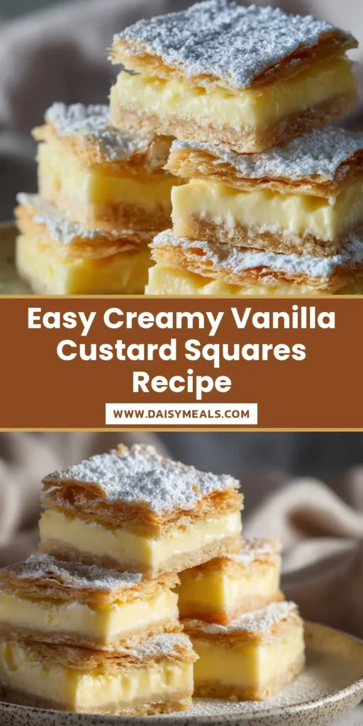 A perfectly neat stack of vanilla custard cream squares on a speckled ceramic plate, showcasing flaky pastry and pale yellow custard.