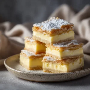 Close-up of ingredients for vanilla custard cream squares, including puff pastry, egg yolks, and heavy cream.