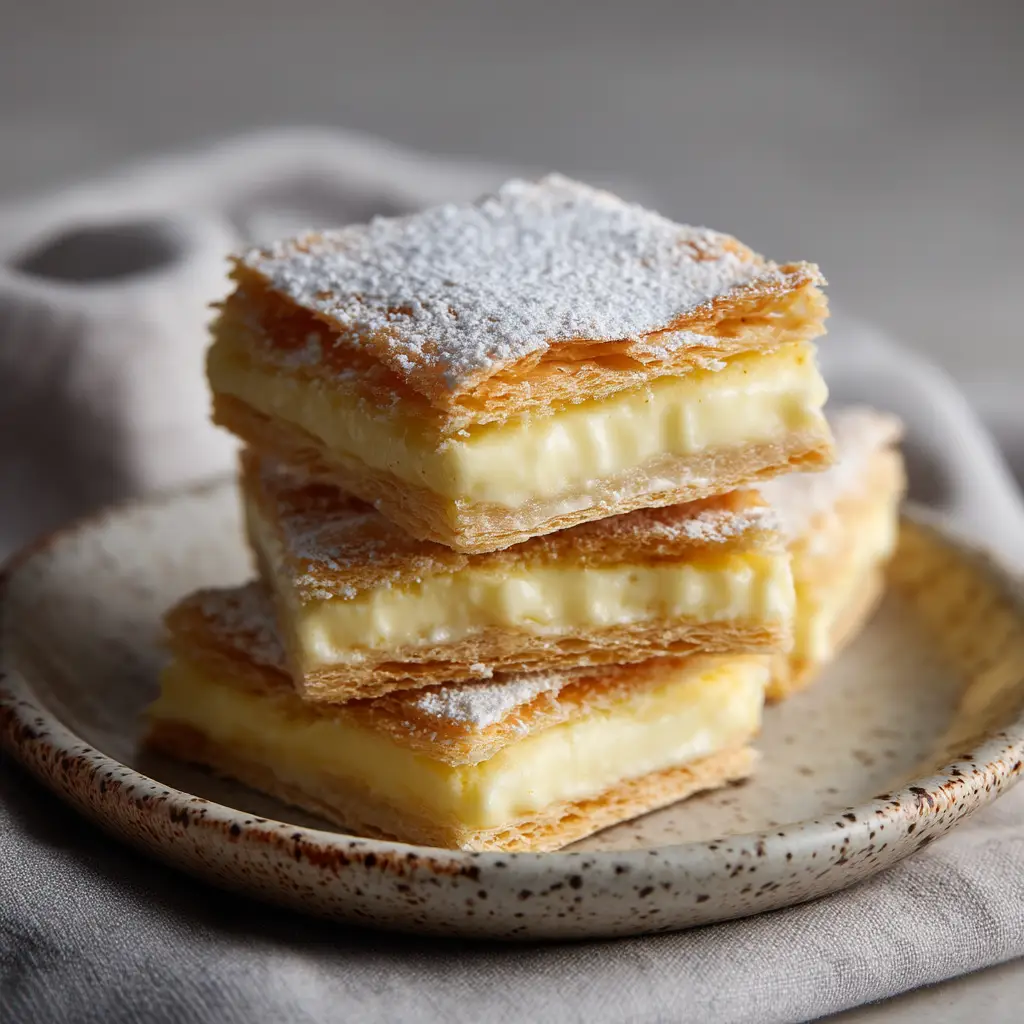 Step-by-step assembly of vanilla custard cream squares showing the creamy pale yellow filling spread over crispy puff pastry.
