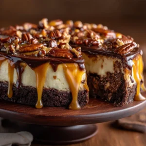 Overhead view of the ingredients needed for Turtle Fudge Brownie Cheesecake, including cream cheese, cocoa powder, chocolate chips, and caramel.