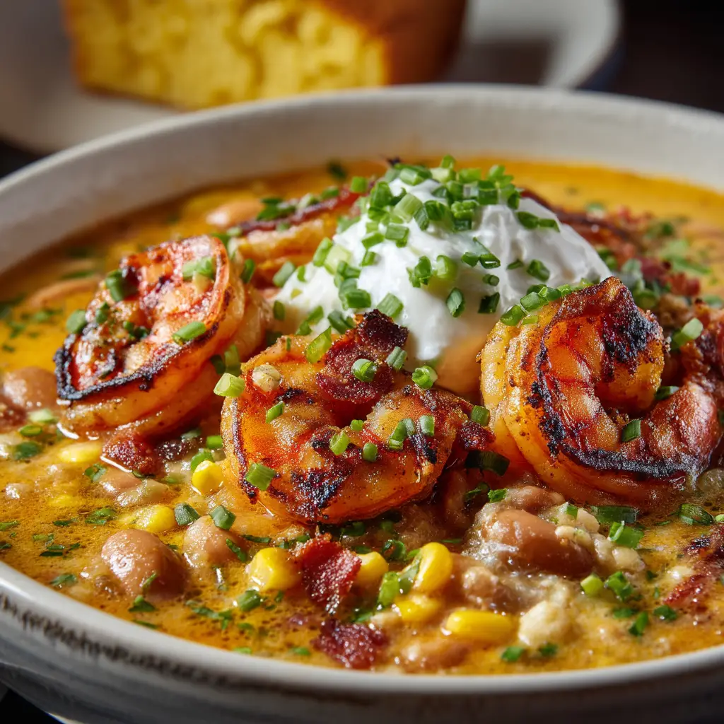 A warm, inviting rustic bowl filled with thick and creamy seafood chili, showing off a bright orange and yellow creamy broth.