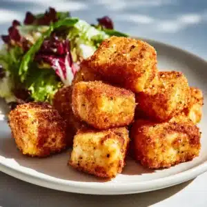 Golden brown crispy fried tofu cubes with visible specks of pepper arranged neatly.
