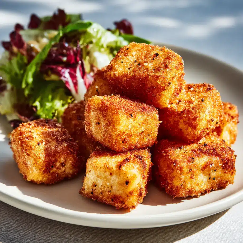 Golden brown crispy fried tofu cubes with visible specks of pepper arranged neatly.