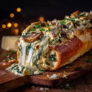 Extreme close up of a golden-brown baked baguette sliced lengthwise, overflowing with a gooey, melted mozzarella filling.