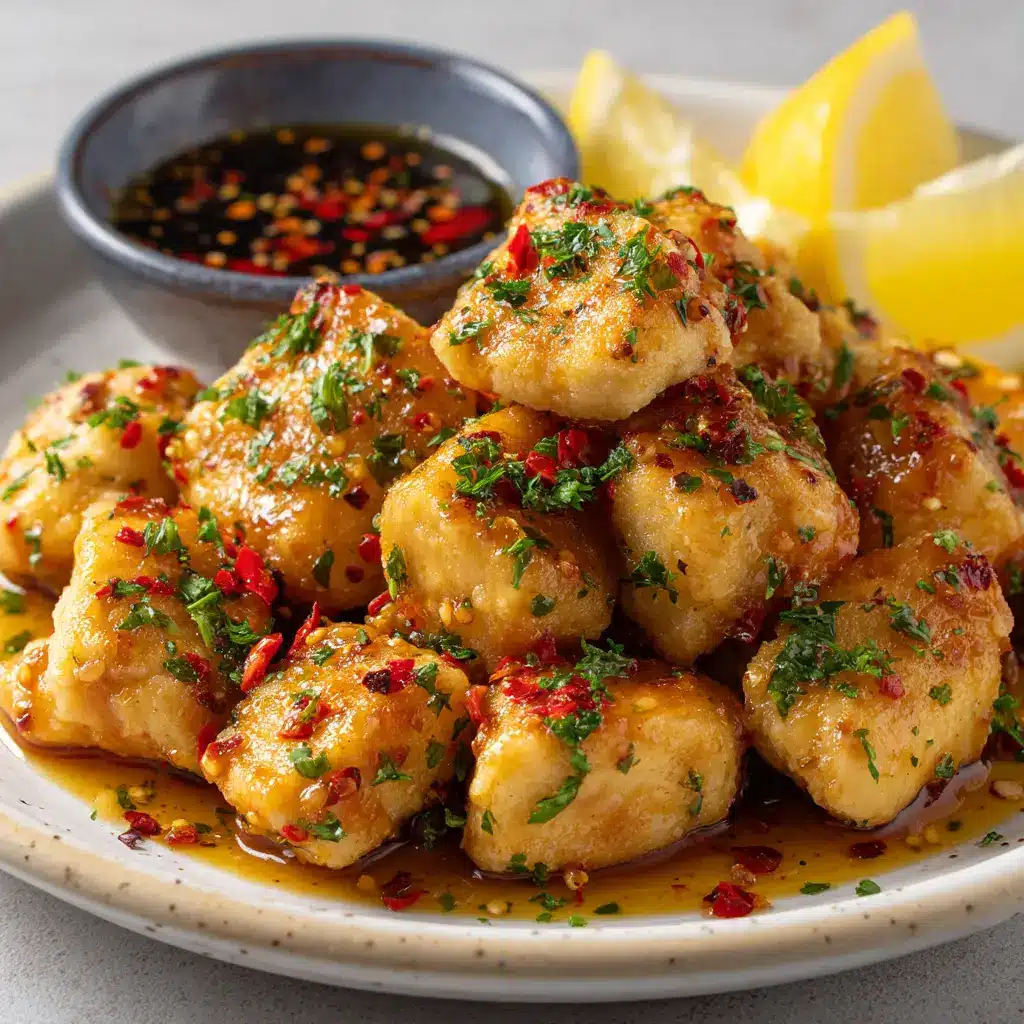 Close up of golden-brown chicken bites covered in a bright savory butter sauce with fresh parsley.