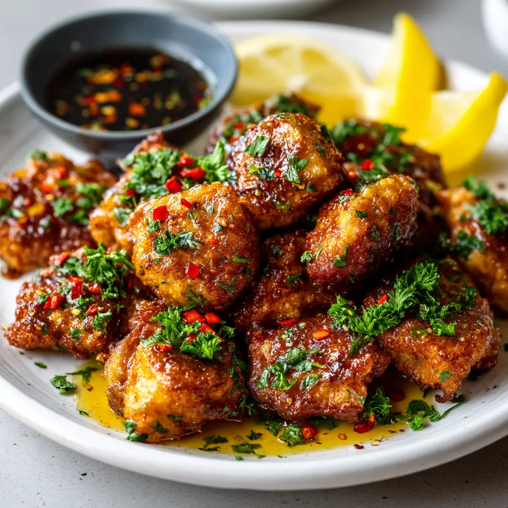 Overhead view of savory butter chicken bites served with a small dark bowl of dipping sauce and lemon wedges.