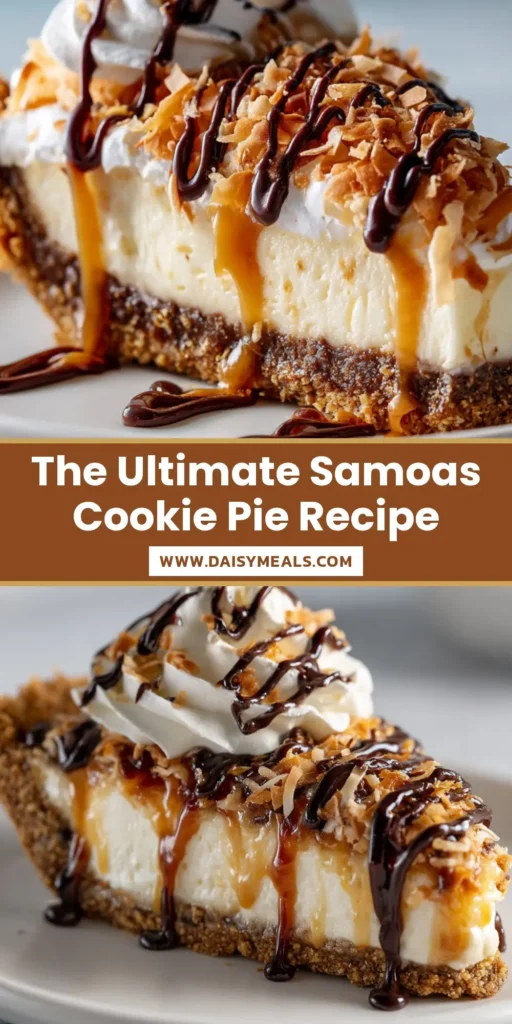 A tall slice of Samoas pie with a thick graham crust, gooey caramel, creamy cheesecake, toasted coconut, and dark chocolate drizzle.