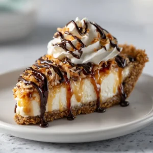 Close-up shot of a Samoas pie recipe slice on a white ceramic plate, resting on a light-blue stone surface.