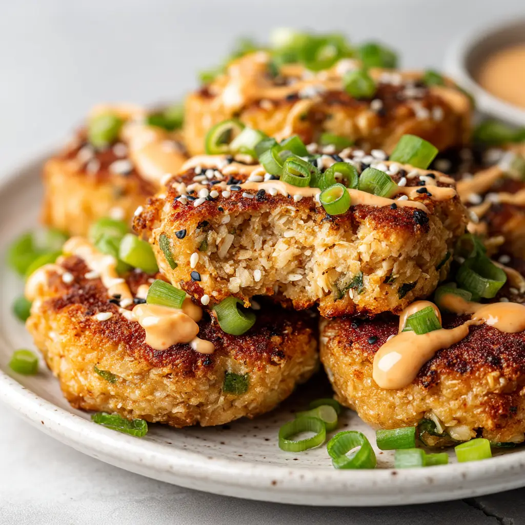 Close up shot of golden-brown Asian Tuna Cakes highlighting the textured flaky interior and sesame seed garnish.