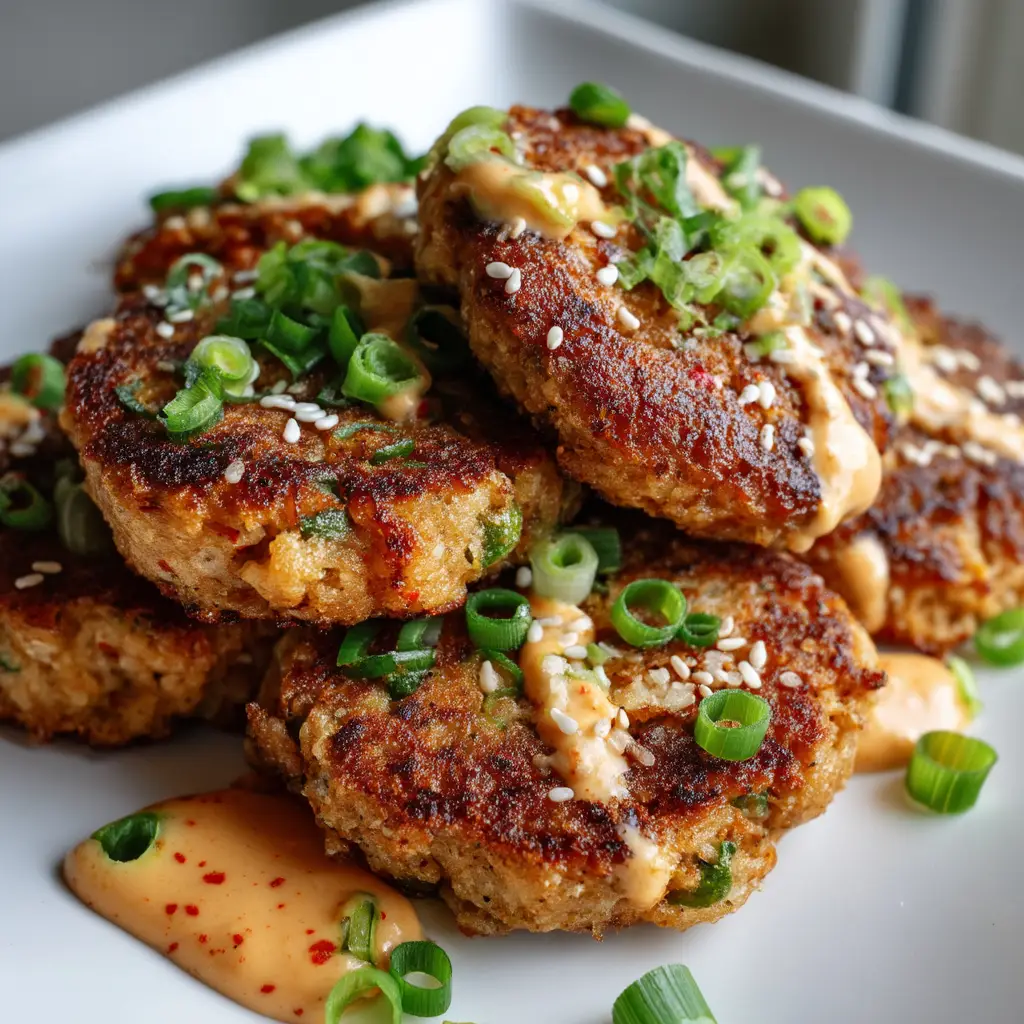Overhead view of Asian Tuna Cakes on a white ceramic plate drizzled with light-orange spicy mayo.