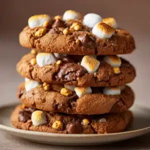 Close up food photography of golden brown freshly baked chocolate peanut butter marshmallow cookies.
