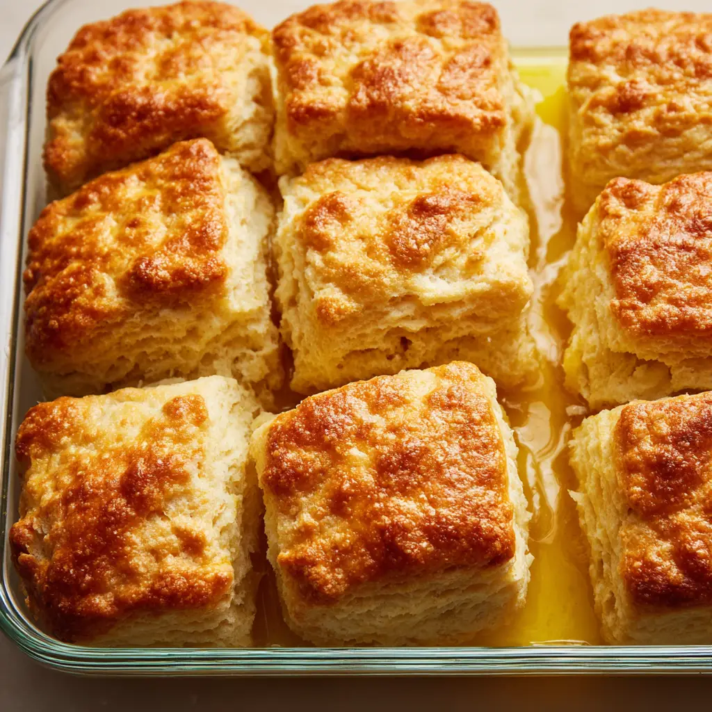 Nine thick, square-cut Butter Swim Biscuits resting in a shallow pool of rich yellow butter.