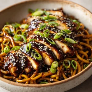 Rustic ceramic bowl containing thick udon noodles mixed with sticky glazed teriyaki chicken, garnished with sesame seeds and green scallions.
