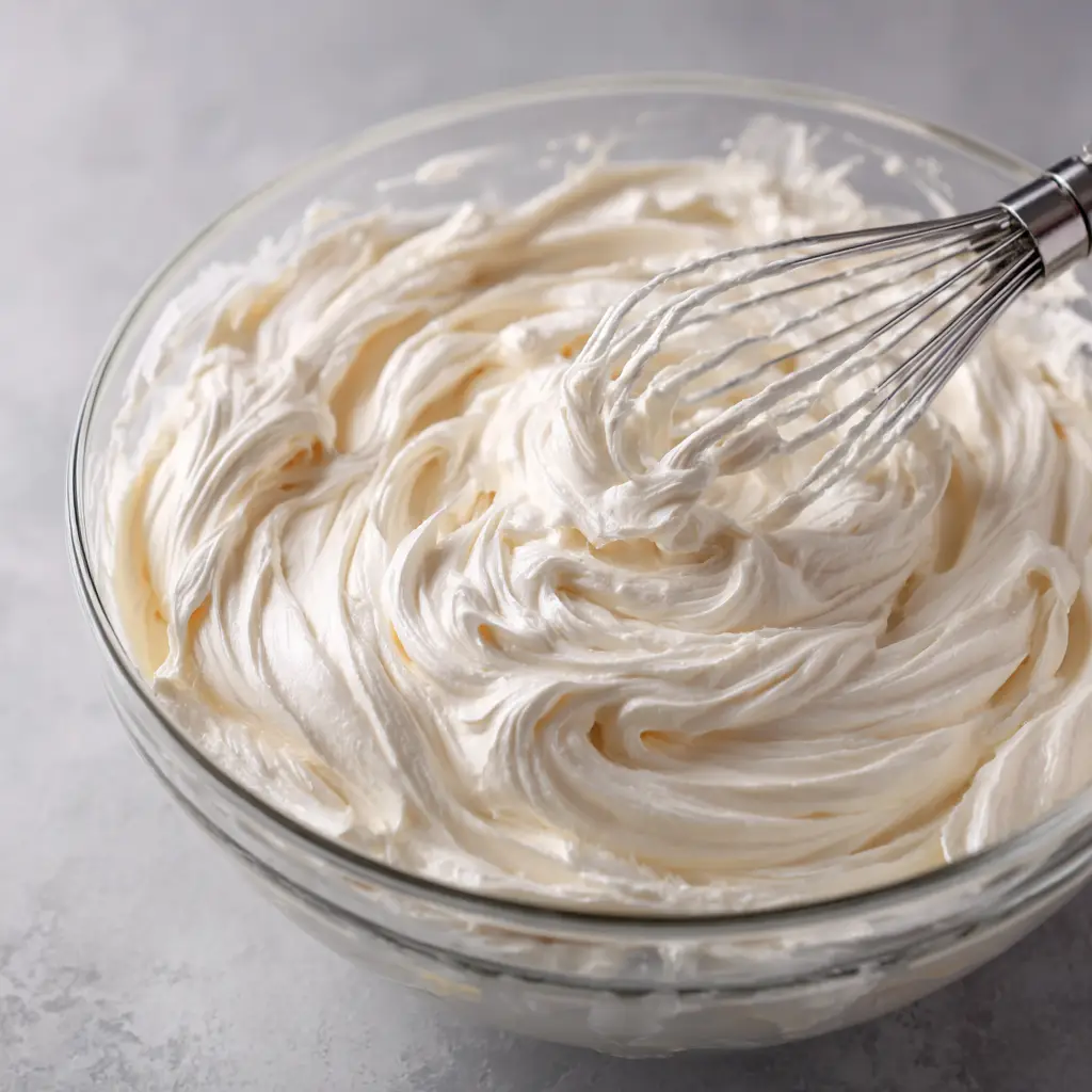 A meticulously detailed view of fully emulsified, thick, fluffy Swiss meringue buttercream.