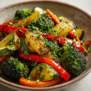 Close-up view of vibrant Healthy Sautéed Vegetables showing crisp-tender broccoli florets and blistered red bell pepper strips in a cast iron pan.