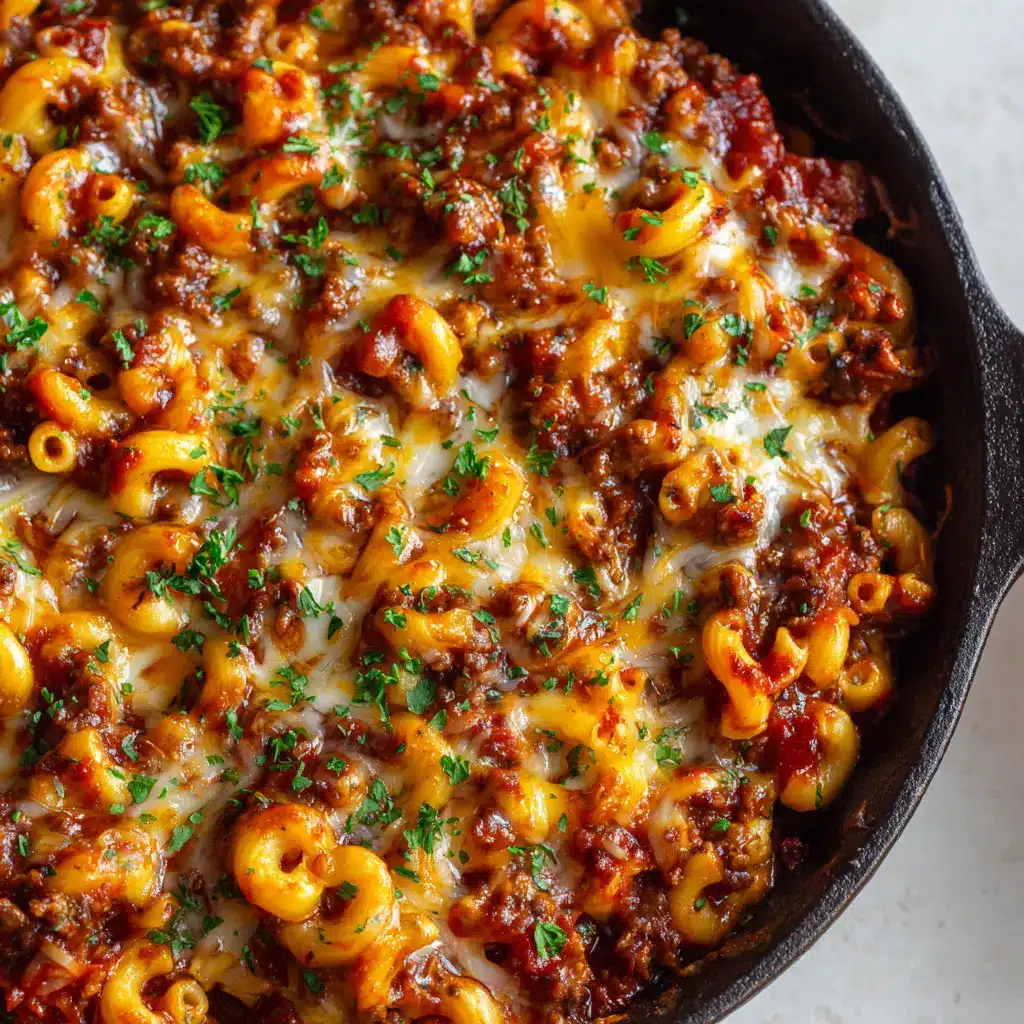 Close up of thick dark red tomato sauce coating elbow macaroni and ground beef in Old Fashioned Goulash.