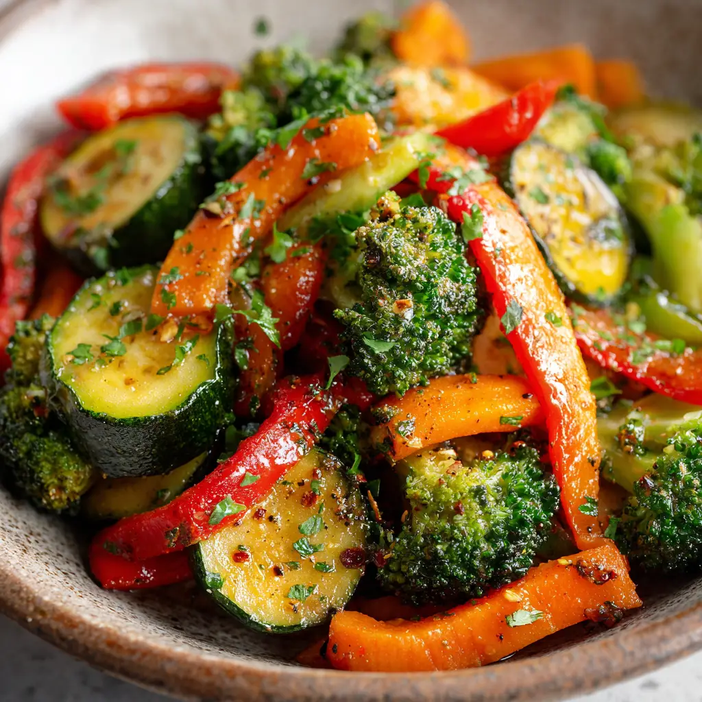 Golden-brown seared zucchini half-moons and julienned orange carrots covered in a glistening extra virgin olive oil glaze.