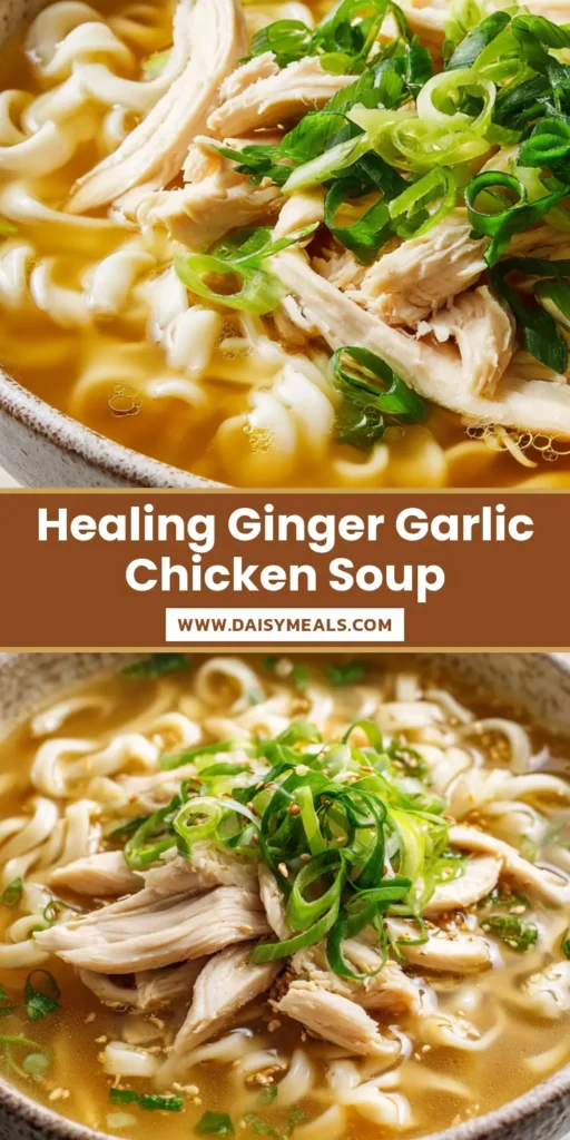 A deep ceramic bowl filled with Ginger Garlic Chicken Noodle Soup, featuring a translucent golden broth, thick wavy egg noodles, thinly sliced cooked chicken breast, and bright green scallions.
