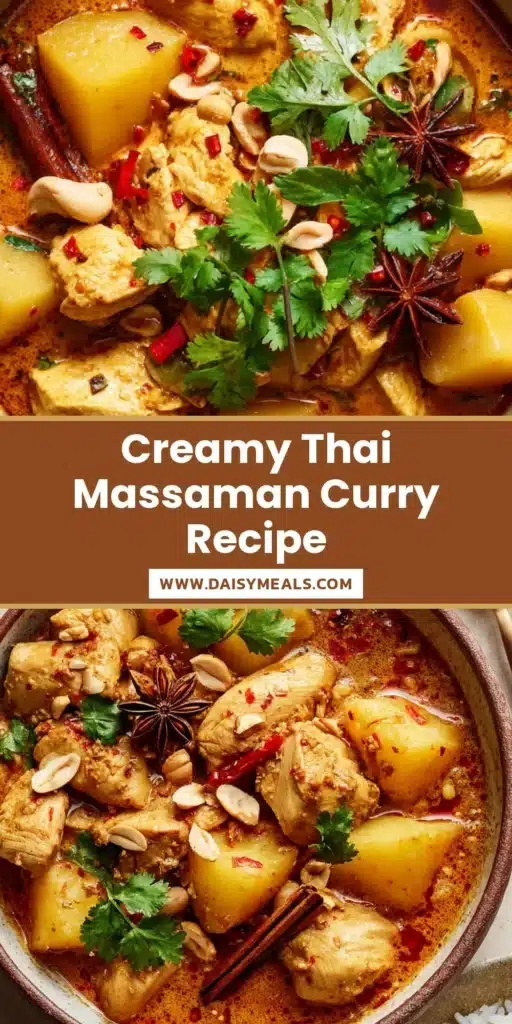 A rustic ceramic bowl of Massaman Curry Recipe featuring creamy orange-brown coconut sauce, tender chicken, and roasted peanuts.