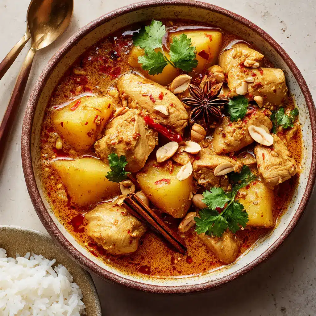 Close up of thick orange-brown massaman curry sauce coating tender chicken breast chunks and yellow potatoes, garnished with star anise and red chili oil droplets. (Massaman Curry Recipe)