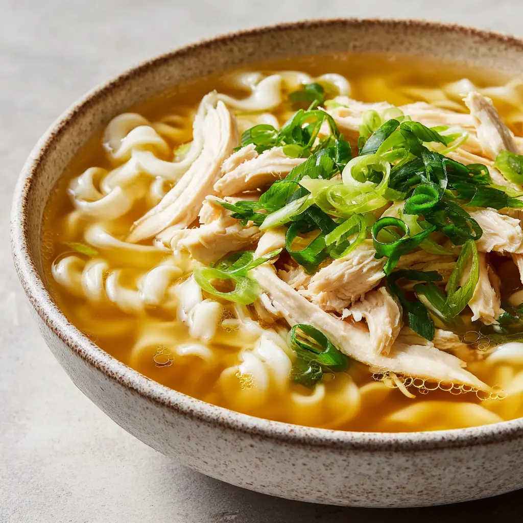 Thick wavy egg noodles slightly cresting the surface of the translucent golden broth in Ginger Garlic Chicken Noodle Soup.