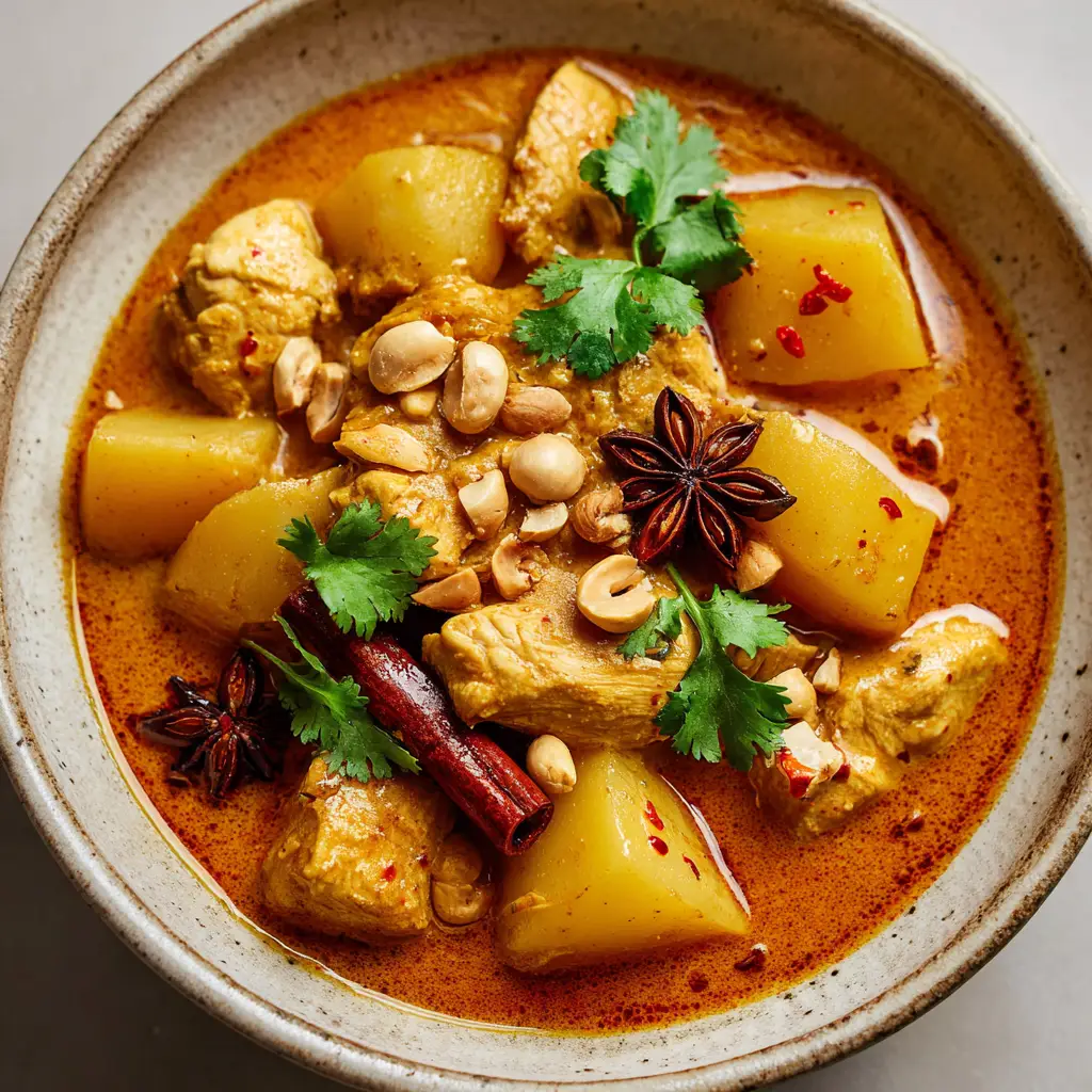 A ceramic bowl filled with Massaman chicken curry, peanuts, cilantro, and whole cinnamon stick beside a small plate of white jasmine rice.