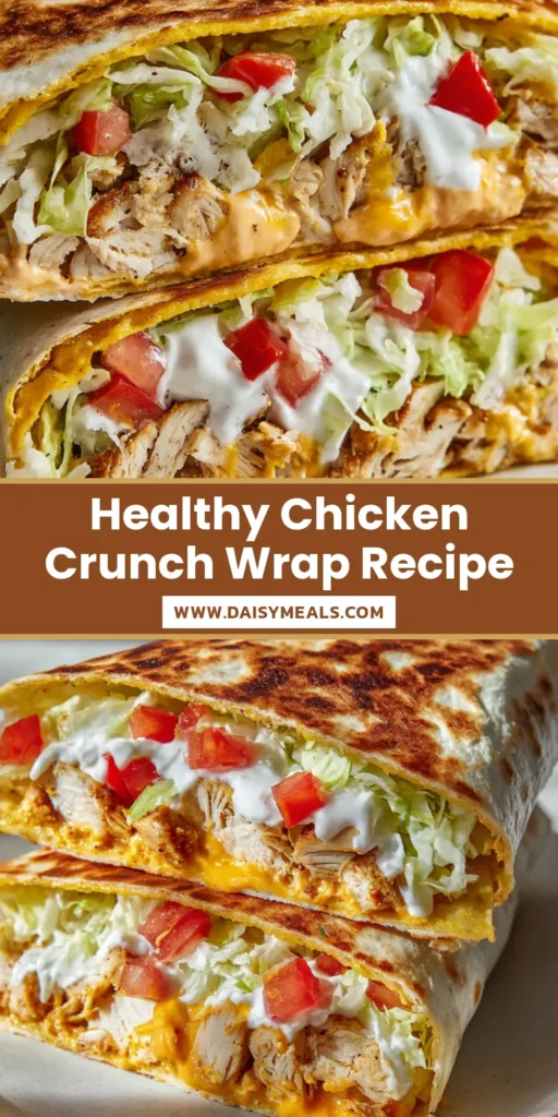 The Ultimate Healthy Chicken Crunch Wrap 4 A halved Healthy Chicken Crunch Wrap showing distinct layers of grilled chicken, melted cheddar, a crispy yellow tostada shell, fresh lettuce, and tomatoes.